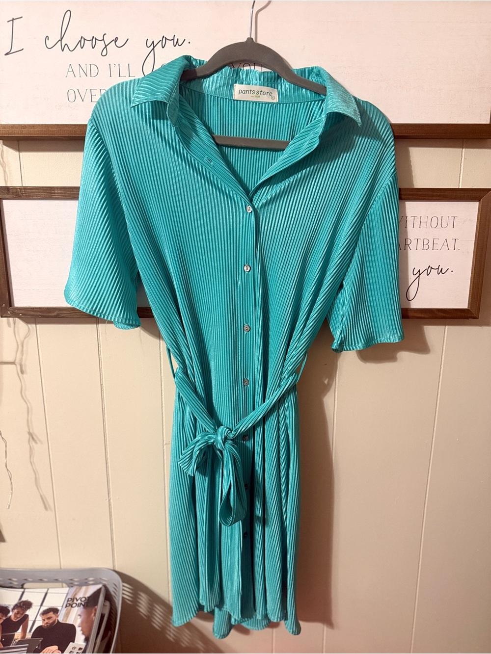 Pants Store Pleated Button-Front Dress in Aqua